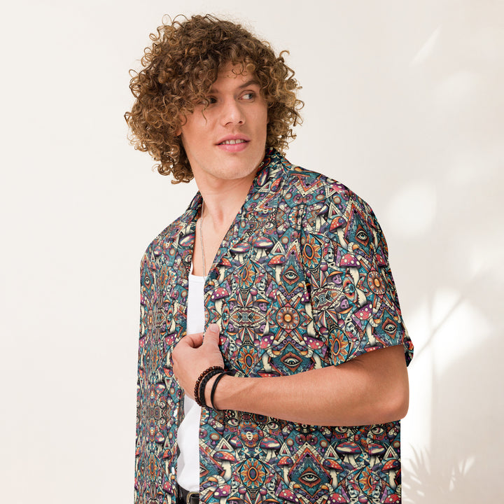 Model wearing MushTribe shirt – psychedelic tribal mushroom fashion for music festivals and spiritual self-expression.
