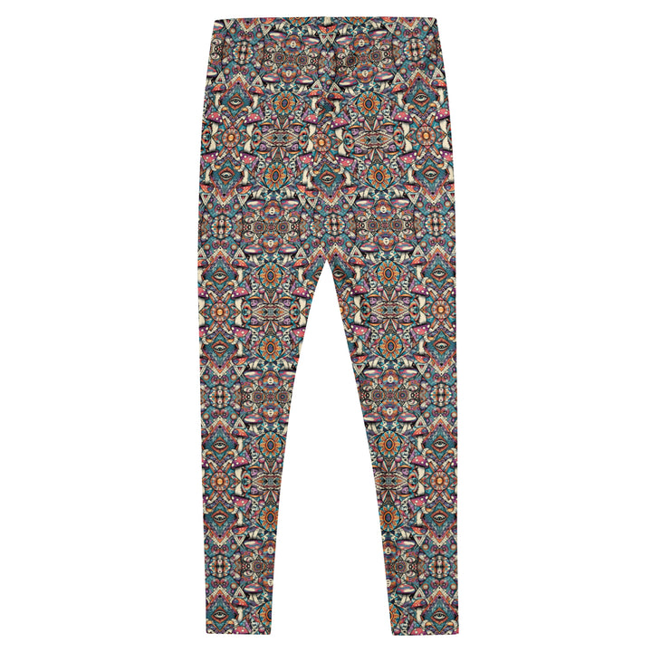 Flat back of MushTribe leggings – vibrant tribal mushroom art printed for yoga, workouts, and festivals.