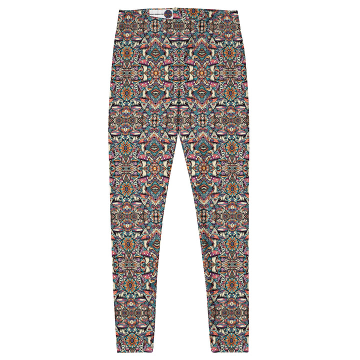 Flat front layout of MushTribe leggings – clean mushroom mandala and sacred geometry on smooth fabric.
