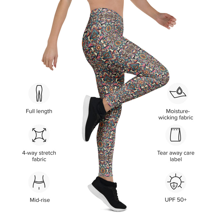 Action pose with leg lift in MushTribe leggings – showing stretch, support, and visionary mushroom design