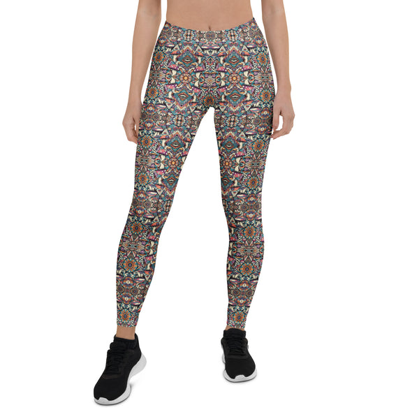 Front view of MushTribe psychedelic leggings – tribal mushroom pattern with sacred geometry for bold movement.