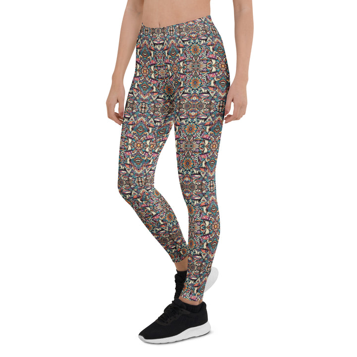 Left side of MushTribe leggings – mystical mushroom pattern and sacred style for visionary souls.