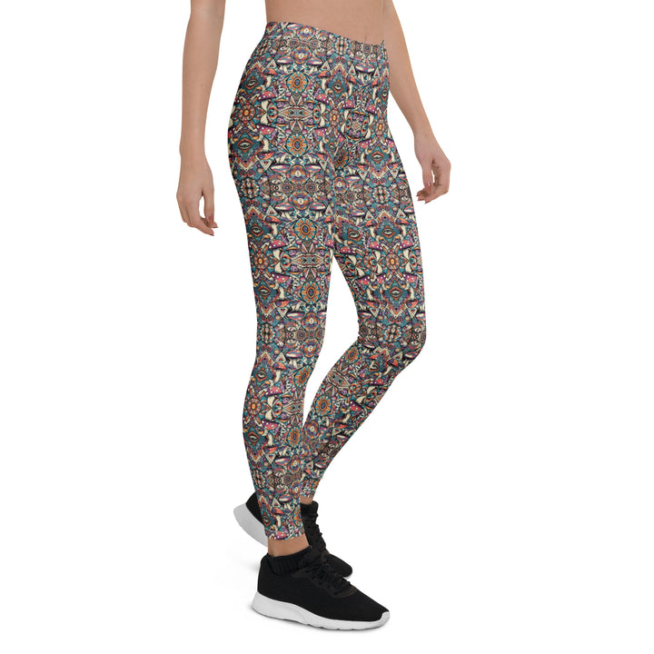 Right side view of MushTribe leggings – trippy mushroom geometry for rave, dance, and mindful living.
