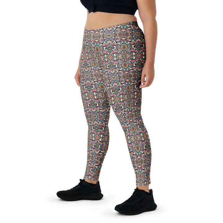 Plus-size front of MushTribe leggings – tribal mushroom pattern for expressive, inclusive activewear.