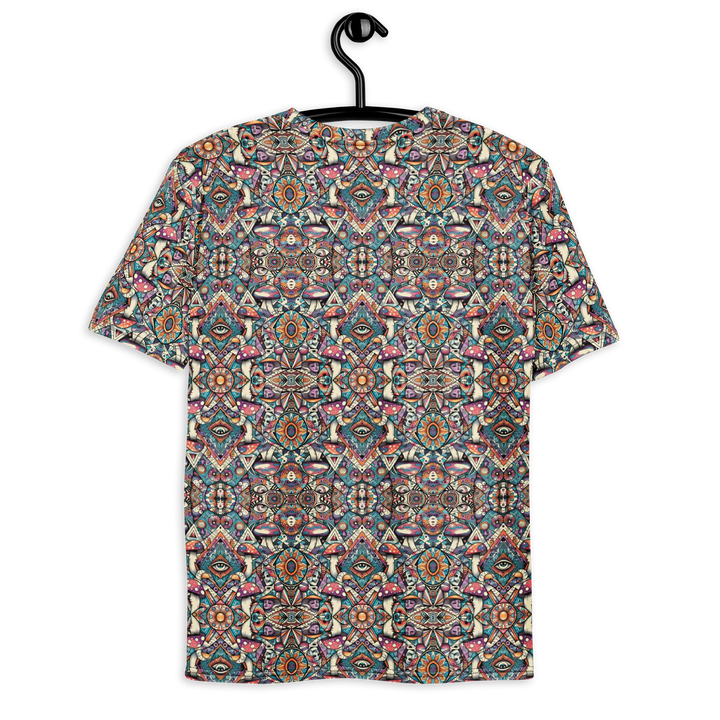 Hanging back of MushTribe shirt – visionary tribal-style sacred geometry and mushroom artwork.