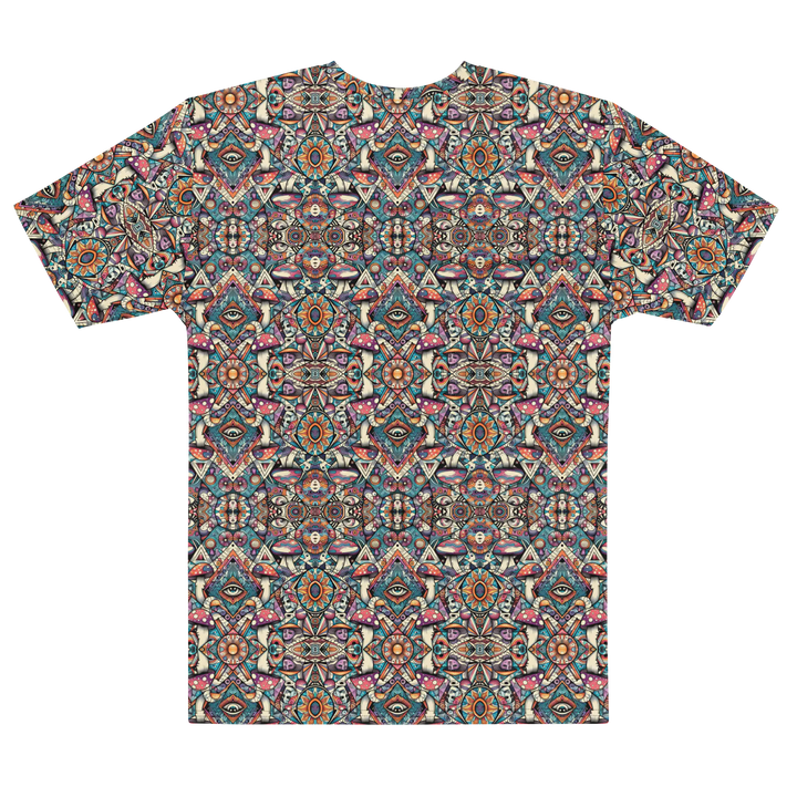 Alternate back flat of MushTribe tee – tribal psychedelic geometry with mushrooms for spiritual