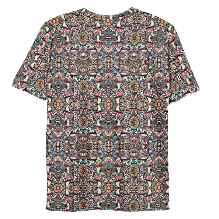Flat back of MushTribe psychedelic tee – tribal sacred geometry with mushroom inspiration.