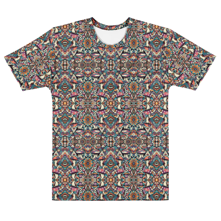 Alternate front flat view of MushTribe shirt – visionary mushroom art and sacred symbols.