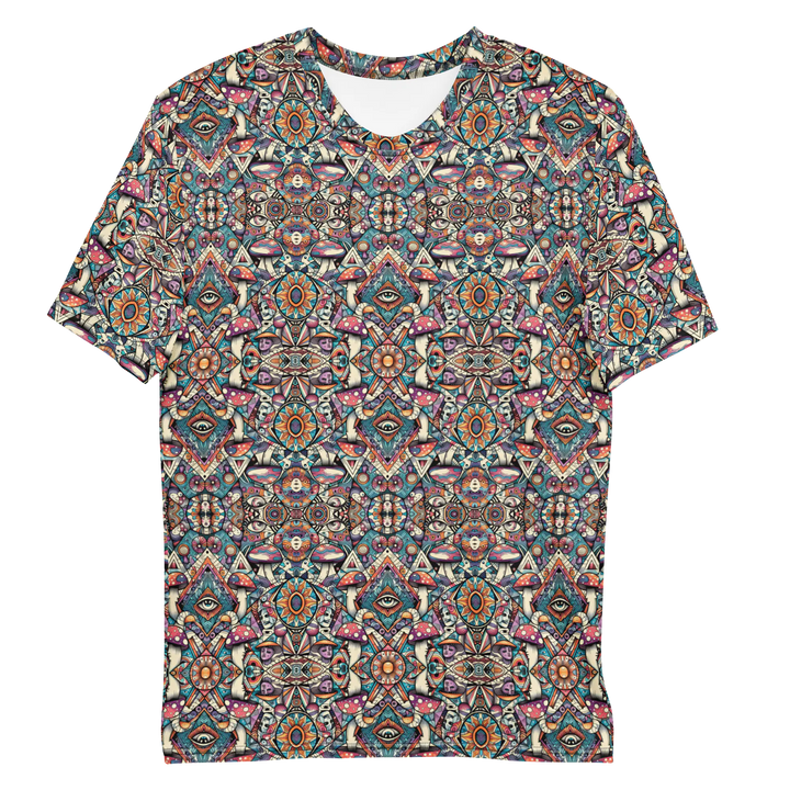 Flat lay front of MushTribe t-shirt – sacred mushroom geometry for trippy festival fashion.