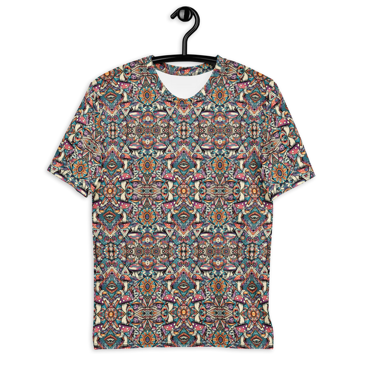 Front view of MushTribe psychedelic t-shirt – sacred geometry with tribal mushroom art for festival and rave wear.