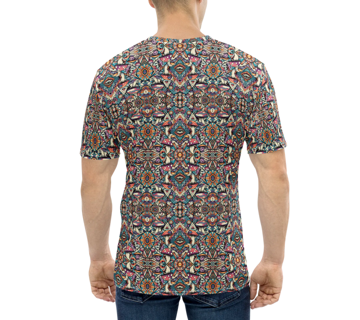 Model back wearing MushTribe shirt – tribal sacred geometry design for raves and psy gatherings.