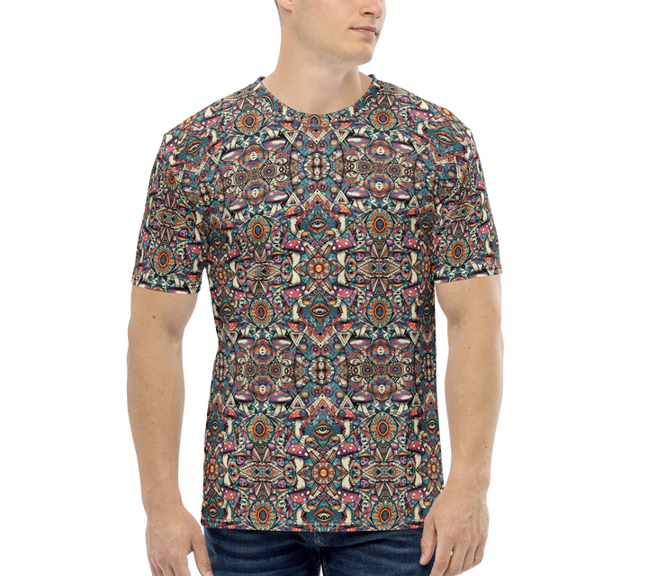 Model front view wearing MushTribe psychedelic tee – perfect for psychedelic fashion and mushroom festival vibes.