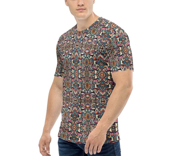 Left side of MushTribe shirt – psychedelic tribal artwork with geometric mushroom energy.