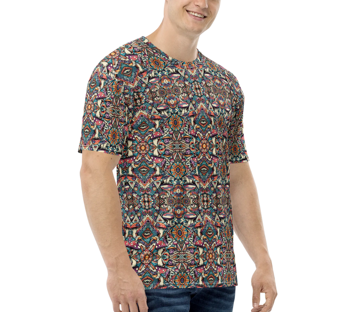 Side profile of MushTribe sacred geometry t-shirt – inspired by mushrooms, tribal energy, and visionary culture.