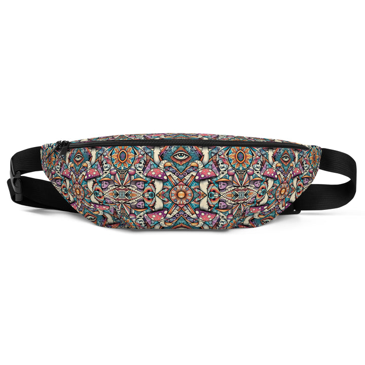 Flat front view of Mushtribe waistbag – vibrant psychedelic design for travel, festivals, and active lifestyle