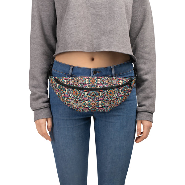 Model wearing Mushtribe psychedelic waistbag – perfect for raves, festivals, and bold streetwear style