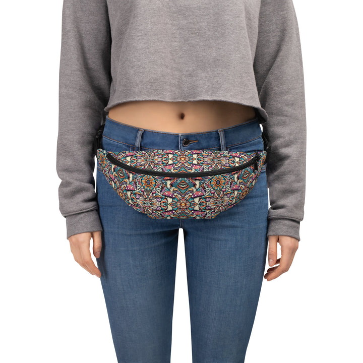 Model wearing Mushtribe psychedelic waistbag – perfect for raves, festivals, and bold streetwear style