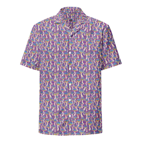Front view of MUSHTRIP psychedelic button down shirt – trippy mushroom design with sacred geometry art.