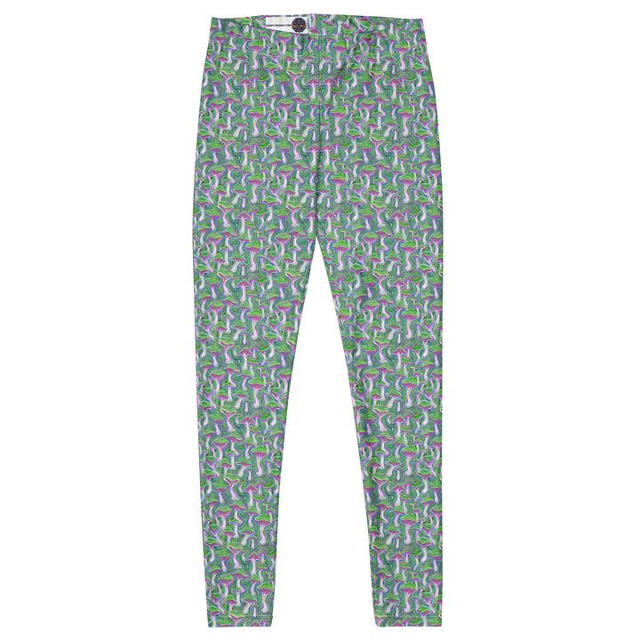 Flat front layout of MushTrip leggings – sacred mushroom geometry on premium breathable material.