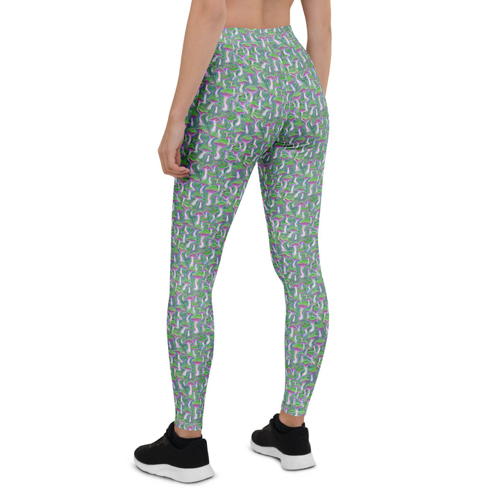 Back view of MushTrip leggings – bold trippy mushroom print for movement, raves, and spiritual flow.