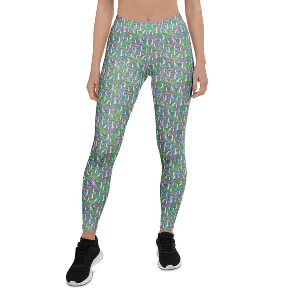 Front view of MushTrip leggings – vibrant psychedelic mushrooms and sacred geometry for yoga and dance.