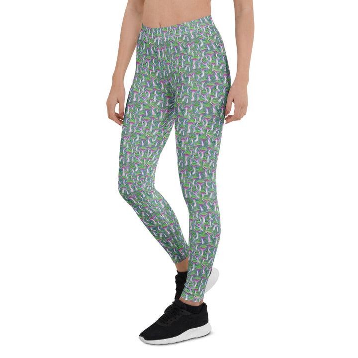 Left side view of MushTrip leggings – eye-catching trippy mushrooms and geometric shapes for mindful movers.
