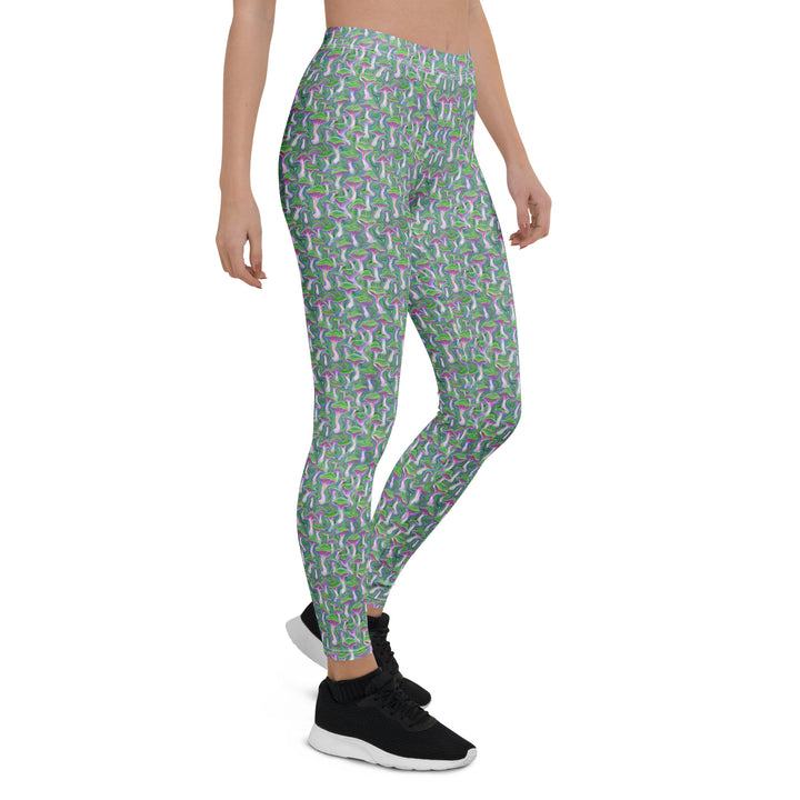 Right side of MushTrip leggings – colorful mushroom art with sacred lines, ideal for yoga and expression.