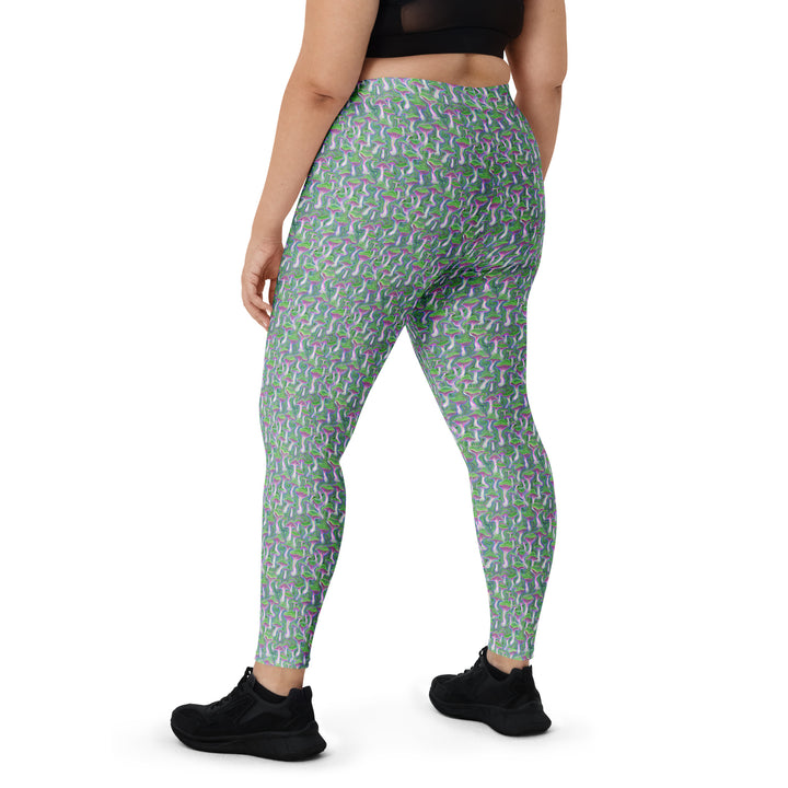 Plus size back of MushTrip leggings – spiritual mushroom style on soft, stretchy fabric.