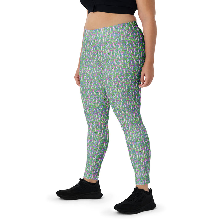 Plus size front view of MushTrip leggings – festival-ready, body-positive psychedelic mushroom design.