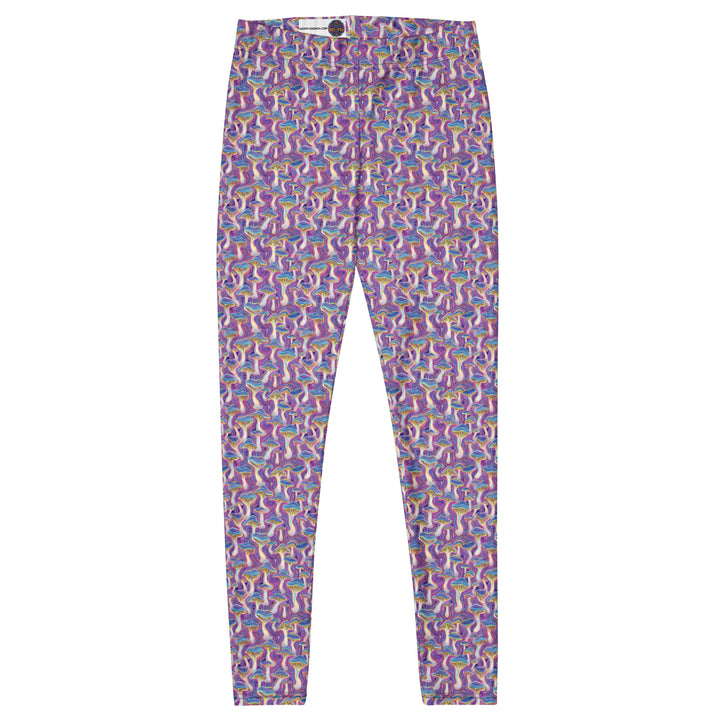 Flat front layout of MushTrip leggings – trippy mushroom art on soft, breathable fabric.
