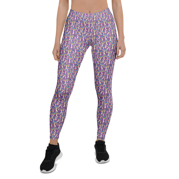Front view of MushTrip psychedelic leggings – visionary mushroom design for yoga and festivals.
