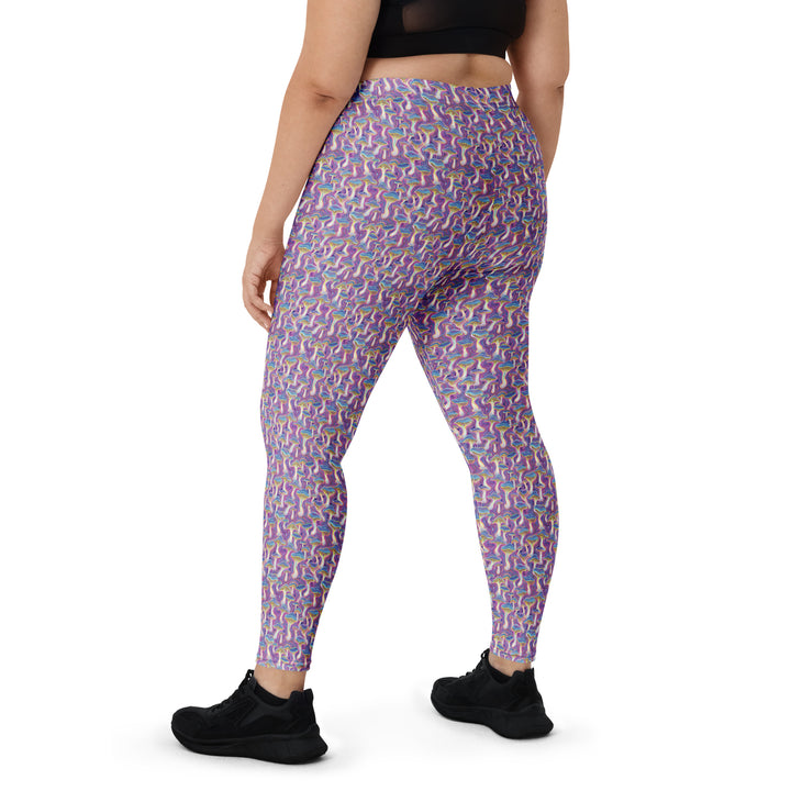 Plus size back of MushTrip leggings – bold sacred mushroom artwork on flexible fit.
