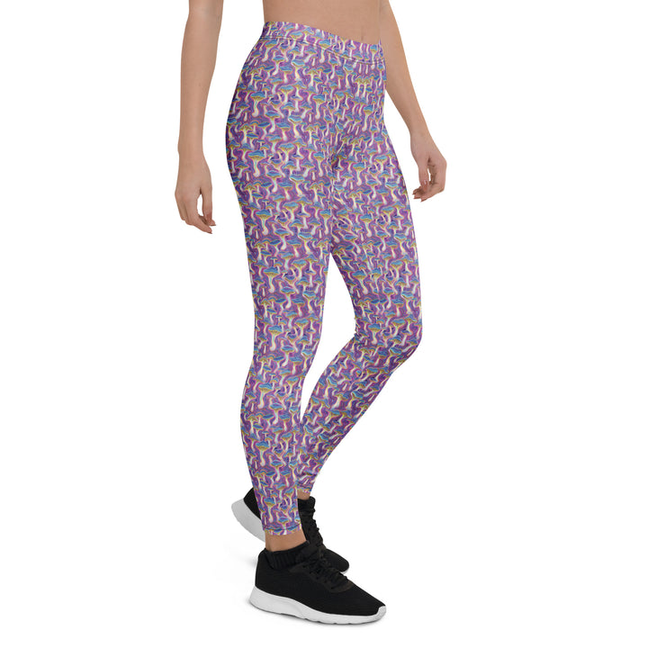 Right side of MushTrip leggings – colorful trippy mushroom design for raves, movement, and yoga.