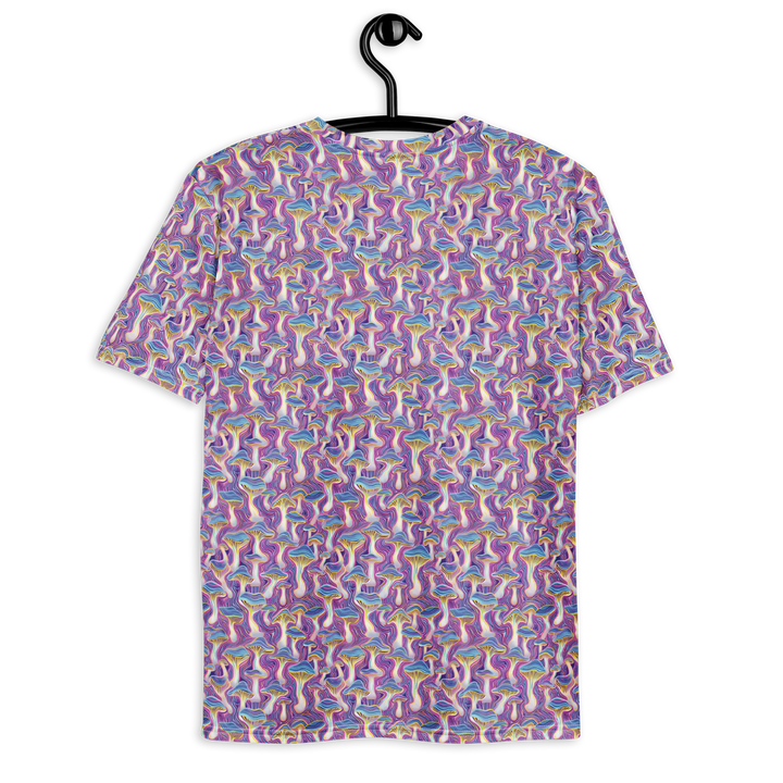Hanging back view of MushTrip tee – detailed trippy design with mushrooms and sacred geometry, perfect for visionary wardrobes.