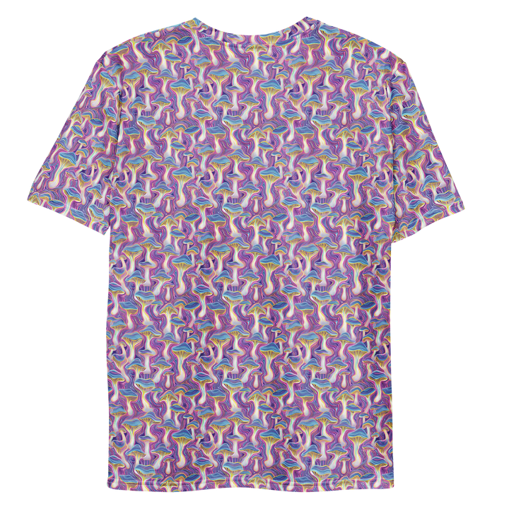 Flat back of MushTrip tee – mesmerizing mushroom patterns in a sacred geometry layout for spiritual festival outfits.