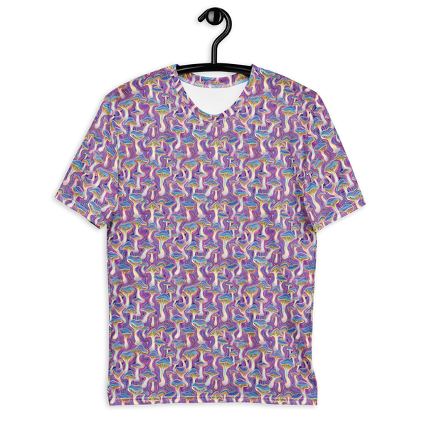 Front view of the MushTrip psychedelic t-shirt – vibrant mushroom art and sacred geometry for festival fashion and rave lovers.