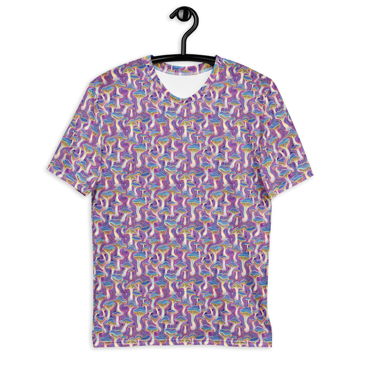 Front view of the MushTrip psychedelic t-shirt – vibrant mushroom art and sacred geometry for festival fashion and rave lovers.