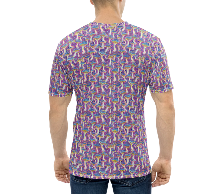 Back view of model in MushTrip t-shirt – psychedelic mushrooms and geometric art made for rave scenes and festivals.