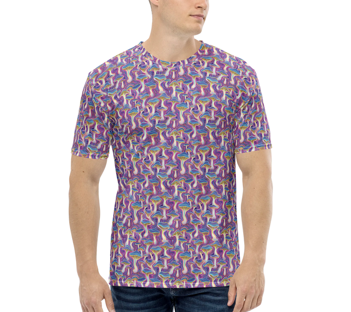 Model wearing MushTrip psychedelic shirt – a fusion of mushroom visuals and sacred patterns for spiritual streetwear style.