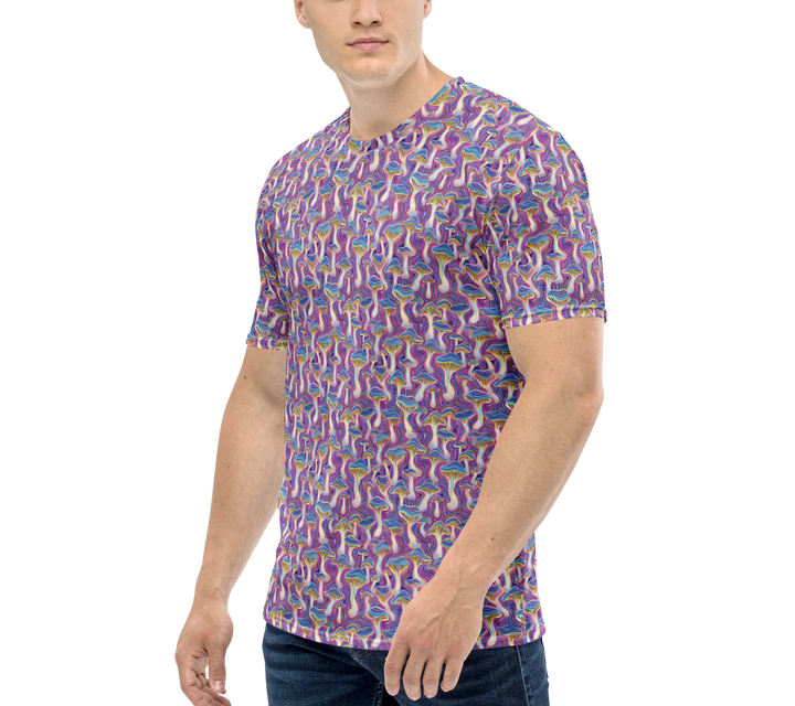 Left angle of MushTrip shirt on model – bold psychedelic mushroom art for creative and conscious fashion lovers.