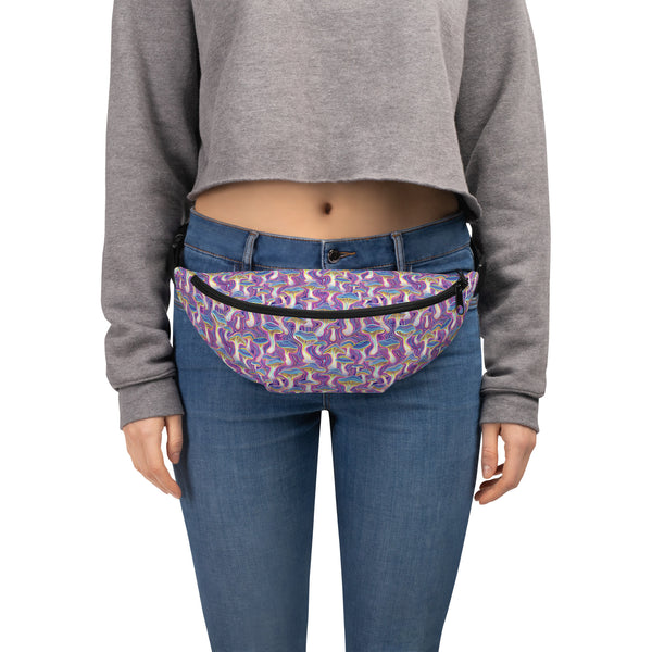Model wearing Mushtrip psychedelic waistbag – perfect for festivals, raves, and trippy adventures