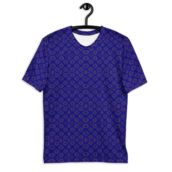 Front view of navy blue and orange Dotadelic t-shirt featuring fractal psychedelic art – perfect for vibrant festival fashion and rave culture.