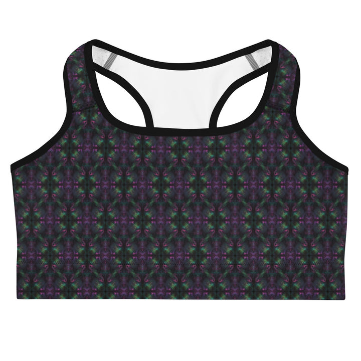 Flat lay front of Nebulith sports bra – sacred geometry print for yoga and activewear lovers