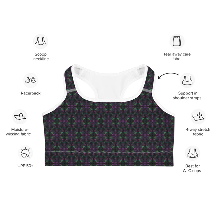 Infographic of Nebulith bra (white trim) – breathable, functional, and rave-approved top

