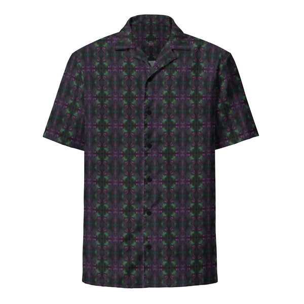 Front view of Nebulith button down shirt – cosmic sacred geometry in a galactic psychedelic palette.