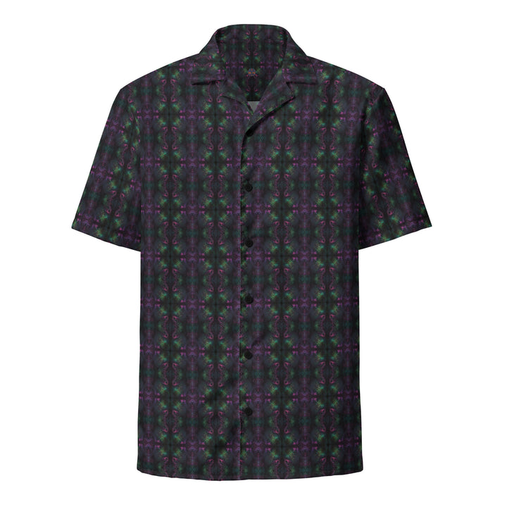 Front view of Nebulith button down shirt – cosmic sacred geometry in a galactic psychedelic palette.