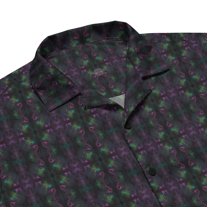 Close-up of Nebulith shirt collar – fractal patterns and deep space symmetry for spiritual stargazers.