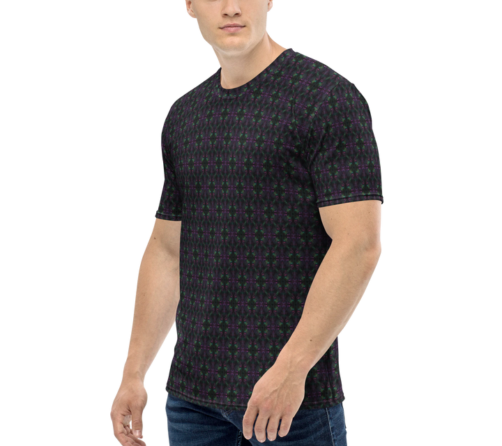 Side profile of Nebulith t-shirt – visionary cosmic patterns for rave lovers and artistic expression.