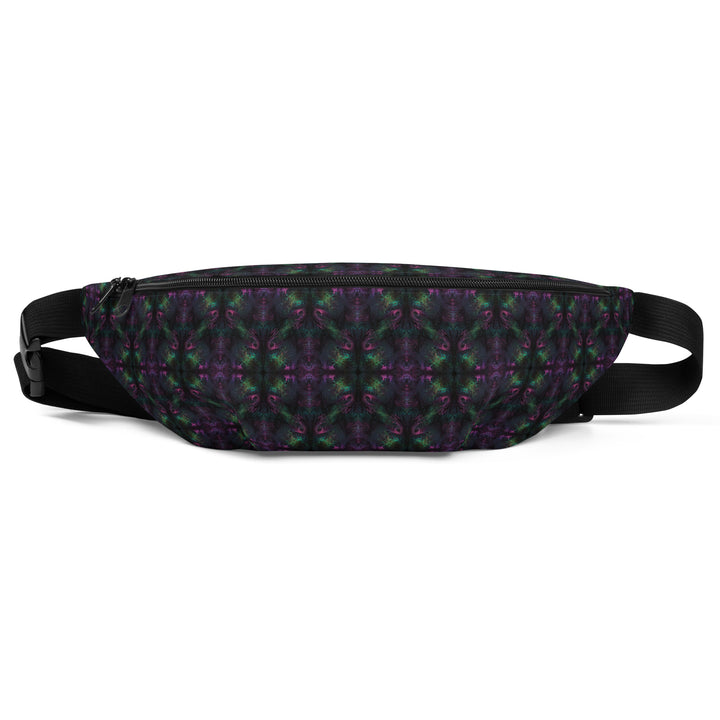 Flat front view of Nebulith waistbag – symmetrical design with cosmic colors for psychedelic fashion and travel