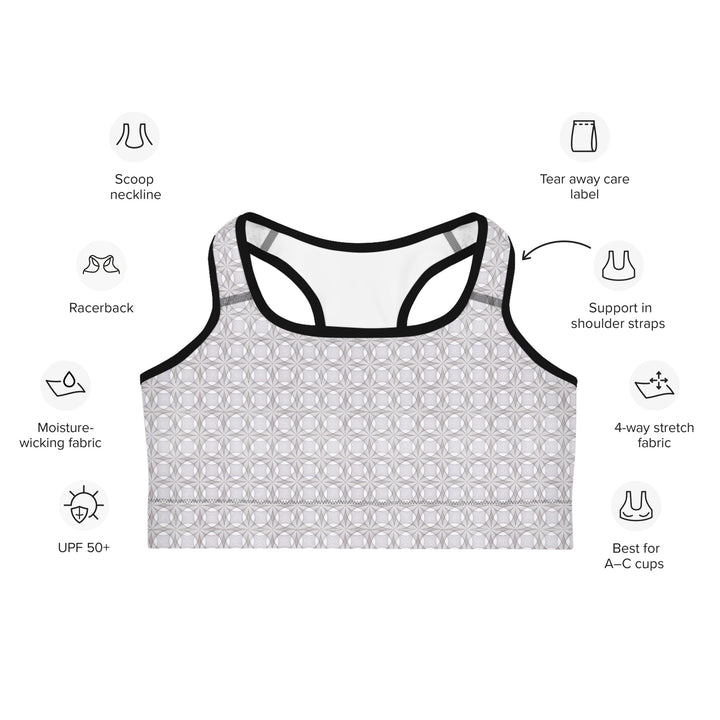 Infographic of Netra bra (white trim) – breathable, functional, and rave-approved top